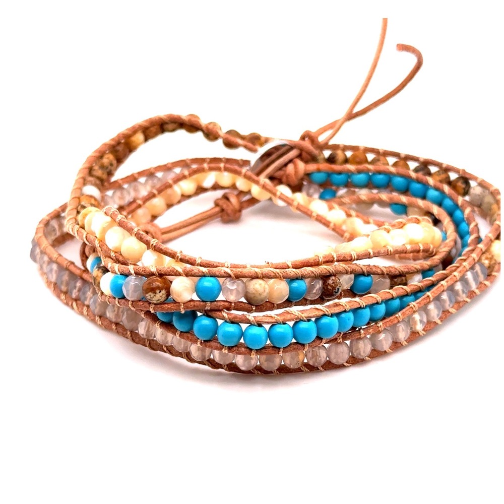 Victoria Emerson Boho Mixed Stone Leather Wrap Bracelet Turquoise Jasper Tan